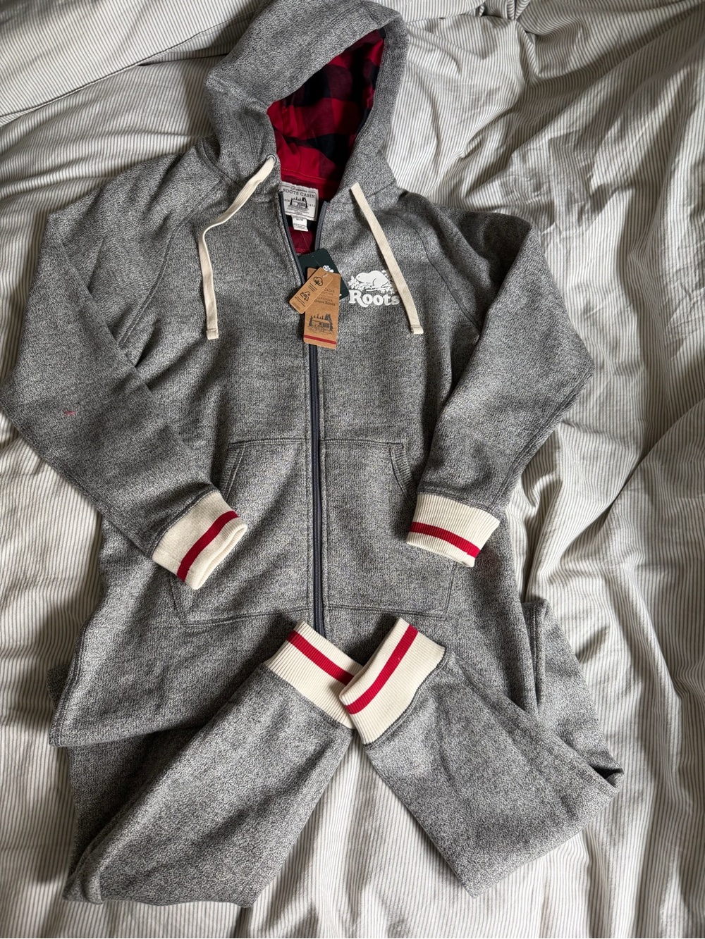 Roots Gray Hooded Jumpsuit with Red Accents